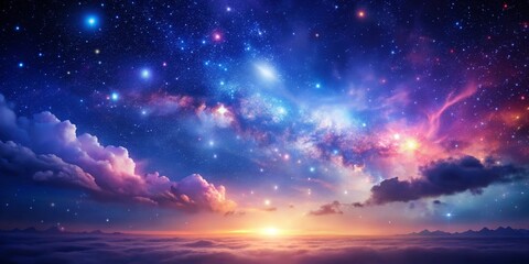 Fototapeta premium A Serene Sunrise Over a Sea of Clouds with a Vibrant Starry Night Sky Above