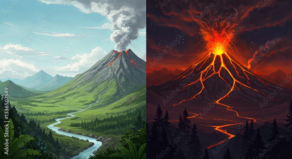 Poster The two images show a mountain range with a river running through it