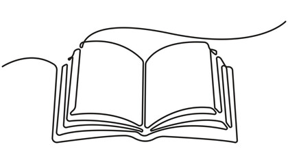 One line drawing of opened book isolated on white background. Continuous one line drawing of open book, Education and knowledge library concept