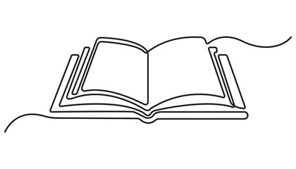 One line drawing of opened book isolated on white background. Continuous one line drawing of open book, Education and knowledge library concept
