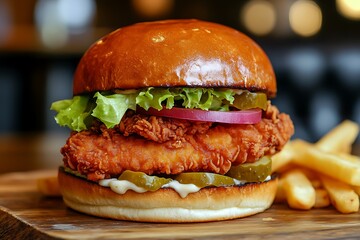 a delightful lush chicken burger with a brittle fried fillet piled with vibrant lettuce fresh tomato chunks pickles and velvety mayonnaise in a warm bun  
