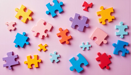 Obraz premium Vibrant puzzle pieces fitting together on soft pink background, unity concept