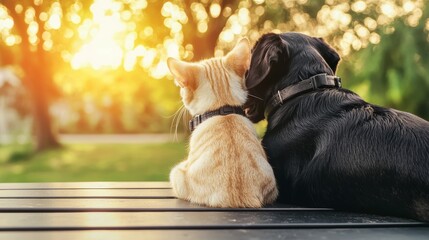 A cat and dog sitting together, enjoying a sunset in a peaceful garden
