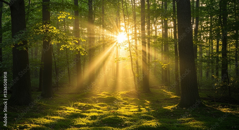 Poster a forest with a sun shining through the trees