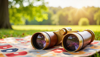 Vintage binoculars on patterned blanket overlooking sunny park, exploration