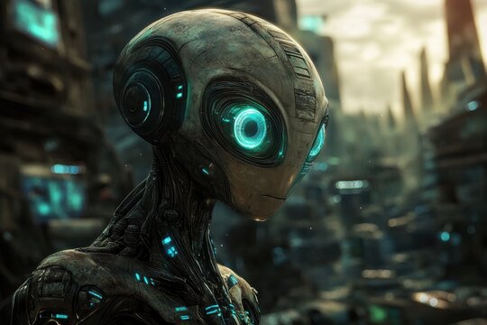 Close-up Portrait of an Alien Cyborg with Glowing Blue Eyes