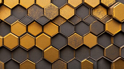 Gradient metallic hexagons arranged in a structured honeycomb layout
