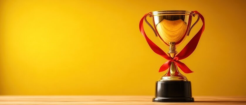 A golden trophy with red ribbon sitting on a wooden surface