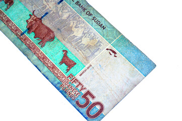the reverse side of 50 SDG fifty Sudanese pound cash money bill banknote, by the central bank of Sudan, features Sheep, cow, goat, camels. Metallised windowed security thread, Sudanese money concept