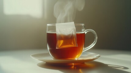 Steaming cup of tea with a tea bag resting inside it