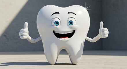 A cartoon tooth is giving thumbs up