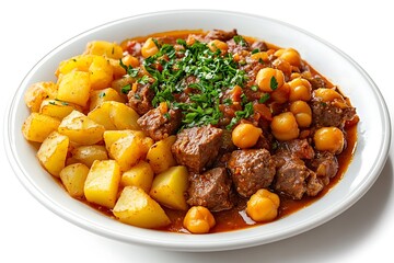 a saucer of cooked chickpeas meat pieces potato chunks on a white base  
