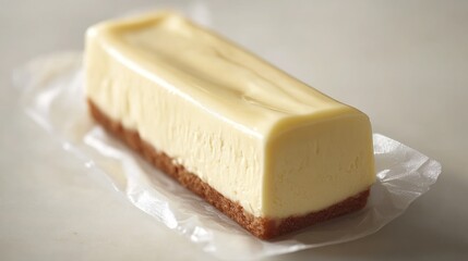 A rectangular slice of sweet dessert sits on white paper