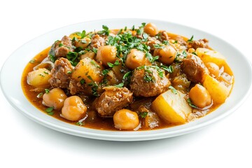 a dish of stewed chickpeas beef chunks potato bits on a white backdrop  
