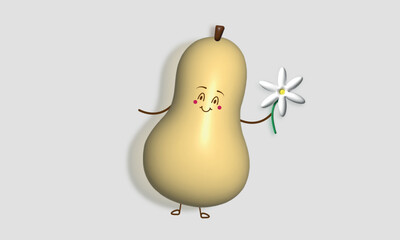 Smiling pear with chamomile in hands in 3D format on gray background.Cute purple eggplant with a smile in 3D format on a green background. Suitable for children's books.