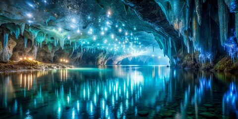 Illuminated Subterranean Lake Reflecting Enchanting Stalactites and Sparkling Lights in a Mysterious Cave