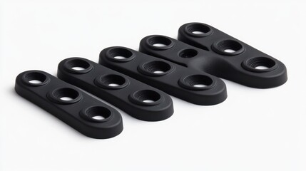 Several black plastic parts arranged on a white background surface