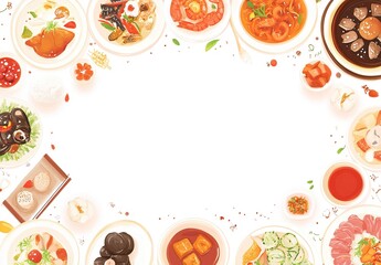 Top view of various delicious Chinese dishes arranged in a frame on white background.