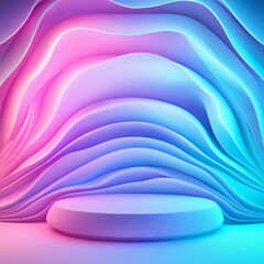 Chrome gradient backdrop with product podium. Abstract product display with colorful 3d layered background