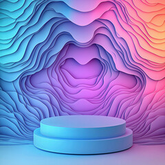 Chrome gradient backdrop with product podium. Abstract product display with colorful 3d layered background