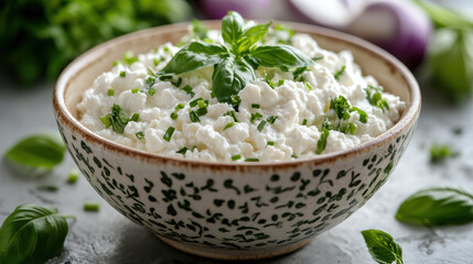 vibrant tableau of wholesome goodness featuring bowl of creamy cottage cheese adorned with fresh basil, parsley, and chives, testament to power of nature gifts for healthy digestive system and