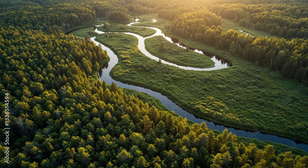 Poster a river with a green forest on either side