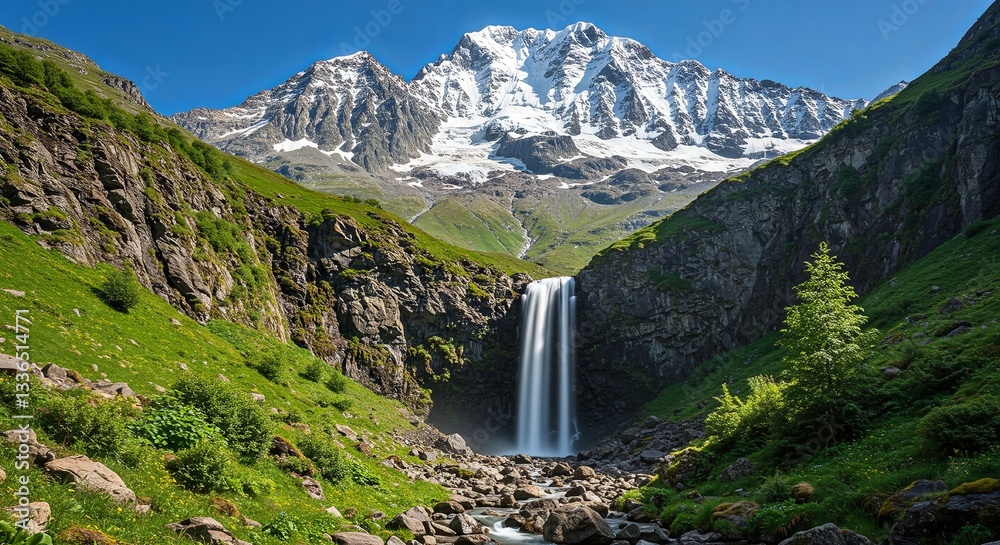 Poster a mountain range with a waterfall in the foreground