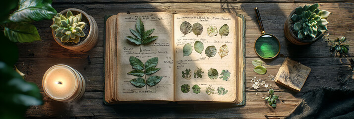 worn notebook with pressed leaves, plant diagrams, and botanical notes