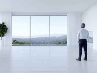 Fototapeta premium Man gazing out of a modern room with a scenic mountain view in the background