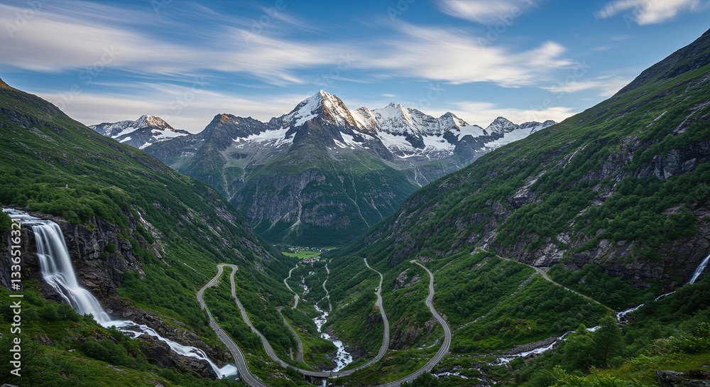 Poster a mountain range with a waterfall in the foreground
