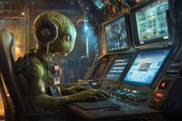 Alien Creature Working on a Futuristic Computer Interface