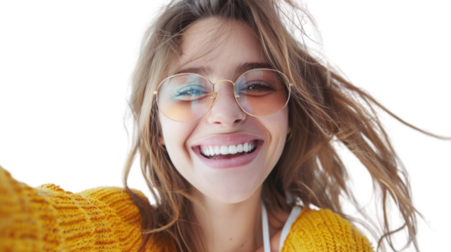 Smiling young woman taking selfie with transparent background