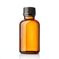 A realistic photography of a bottle of essential oil captured on a white background with copy space for wellness themes and aromatherapy applications in health and relaxation practices