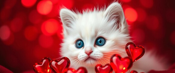 Niedliches weißes Kätzchen mit blauen Augen und roten Herzen auf rotem Hintergrund. Ideal für Valentinstagsgrüße und liebevolle Designs