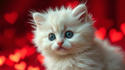 Niedliches wei&szlig;es K&auml;tzchen mit blauen Augen und roten Herzen auf rotem Hintergrund. Ideal f&uuml;r Valentinstagsgr&uuml;&szlig;e und liebevolle Designs