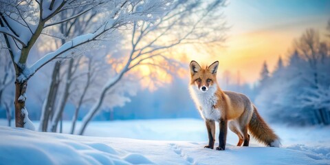 Fototapeta premium A Majestic Red Fox Stands in a Snowy Winter Wonderland at Sunset