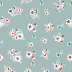 Obraz premium Floral seamless pattern. Brush strokes forming stylized blooming meadow daisy flowers and leaves on colorful painted round and oval shapes background. Simple geometric texture. Nature motif. 