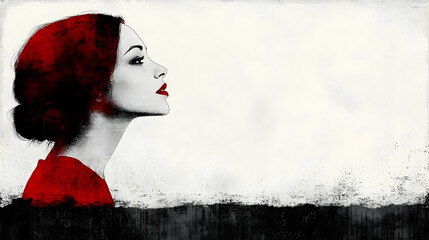 Side profile of a woman with red hair and dress, against a textured white and black background.  Elegant and mysterious