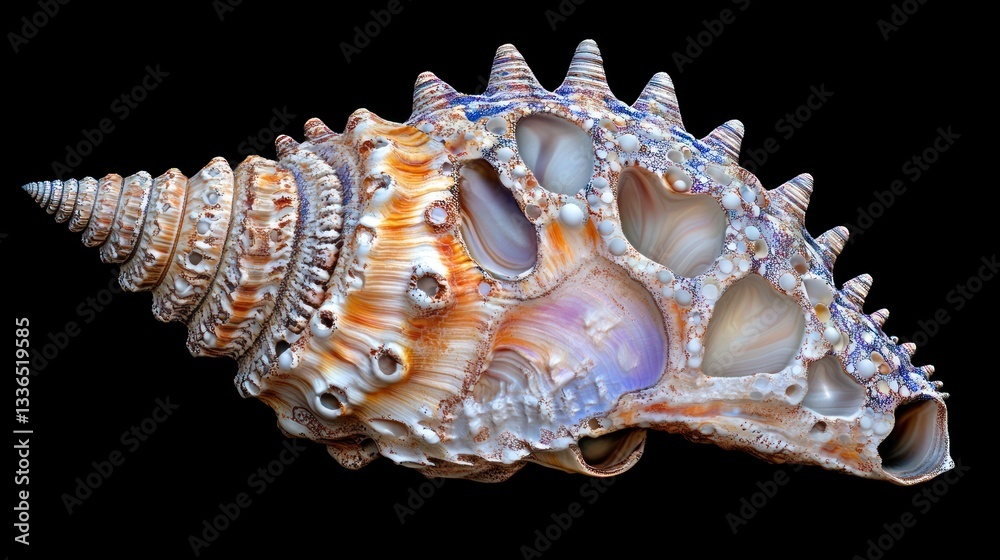 Poster Close-up of a large, intricately patterned sea shell with vibrant colors and textures, isolated on a black background.