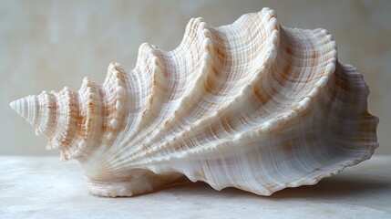 Close-up of a large, spiraled seashell with intricate texture and subtle color variations, resting on a light-colored surface.