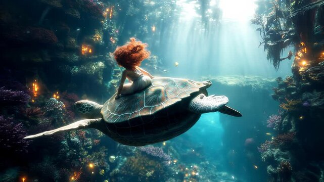 Curly red-haired girl floats through a magical underwater kingdom, riding a giant sea turtle amidst glowing coral reefs and vibrant sea creatures, embodying the whimsy of childhood dreams