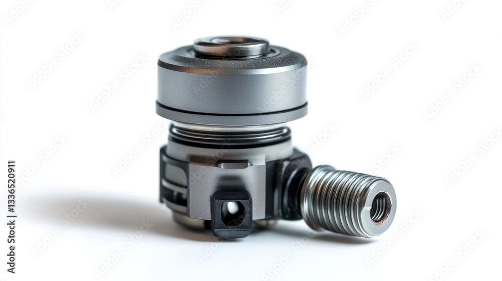 Fototapete close-up of a metallic industrial component with intricate details and threaded connection, isolated
