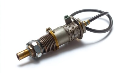 Close-up of a metallic industrial component with tubing and connectors, isolated on white background.