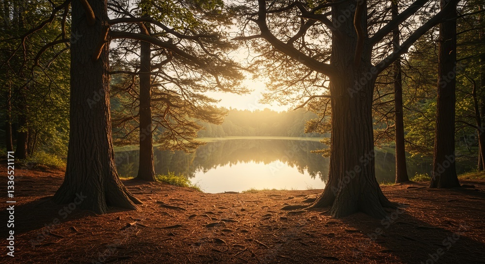 Poster a forest with a lake in the background