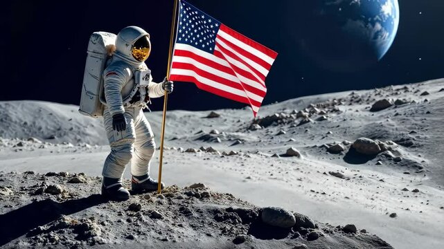 An astronaut on the moon holds the American flag with Earth in the background. Concept of: Space exploration.