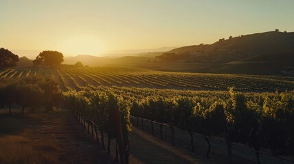 Golden Hour Vineyard: A Serene Sunset over Rolling Hills and Lush Grapevines