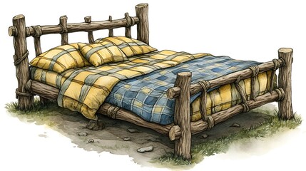 Rustic Wooden Bed with Plaid Bedding in Nature Setting