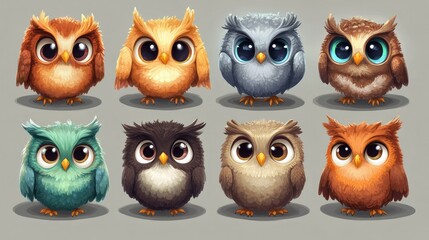 Fototapeta premium A collection of six adorable cartoon owls with wide eyes, fluffy wings, and warm expressions, perfect for kids' media.