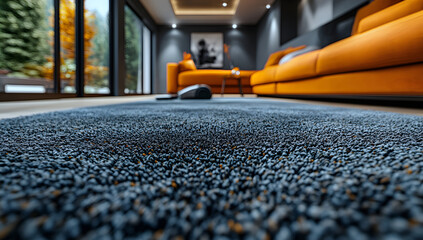 Modern Living Room Design Orange Sofa, Blue Carpet, Autumnal View