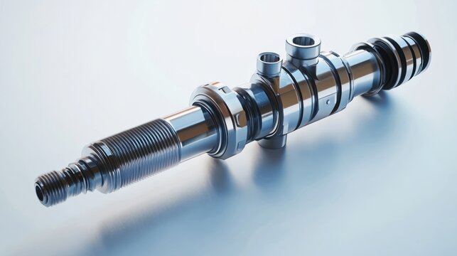 Close-up of a polished chrome industrial actuator or hydraulic cylinder component on a light gray background.